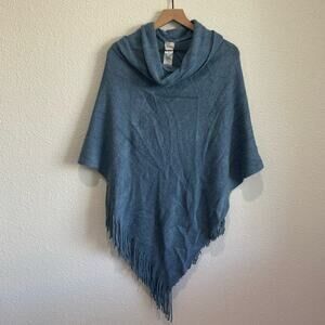 Chico's Women's One Size Shine Fringe Poncho Blue Sparkle Ruana Kimono Cozy Knit